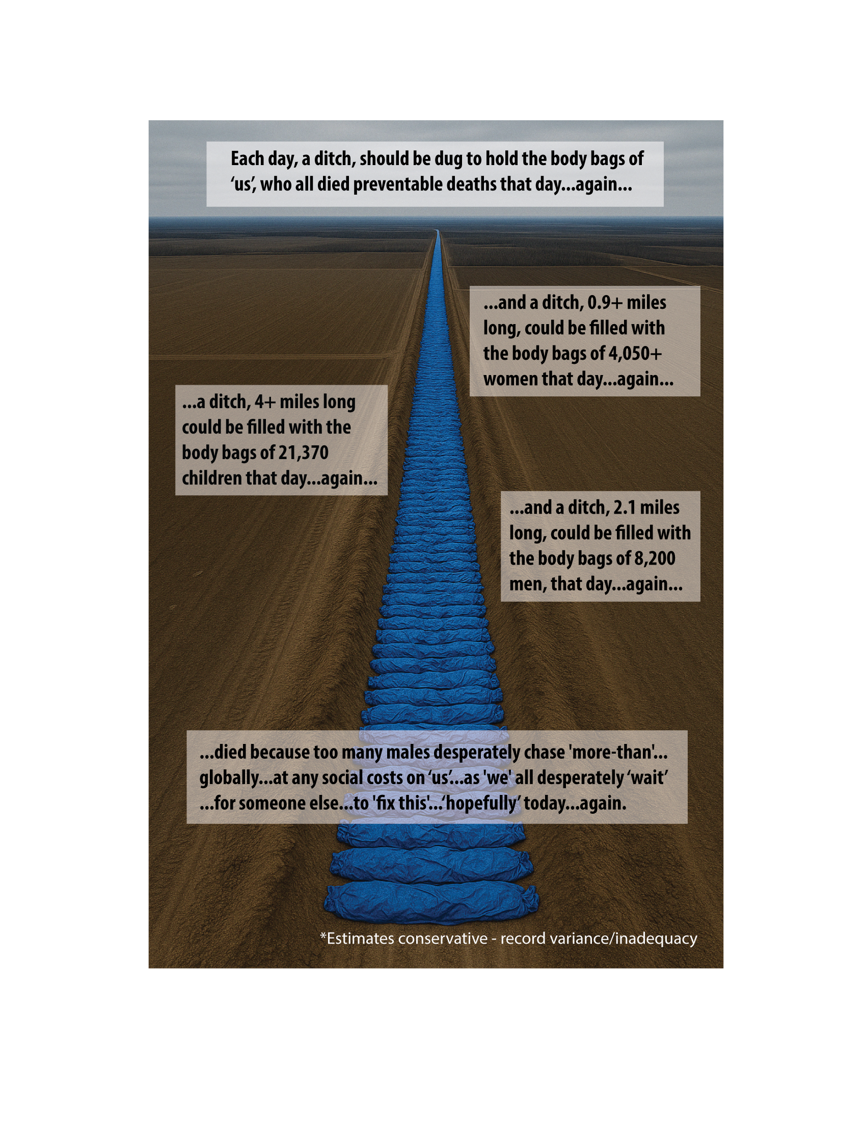 Daily Death Ditch - blue body bags representing 33,625+ daily preventable deaths